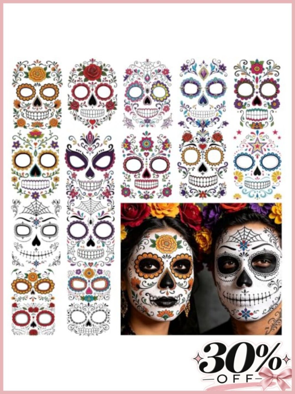 Day of the Dead Sugar Skull Temporary Face Tattoos 16 Sheets Waterproof